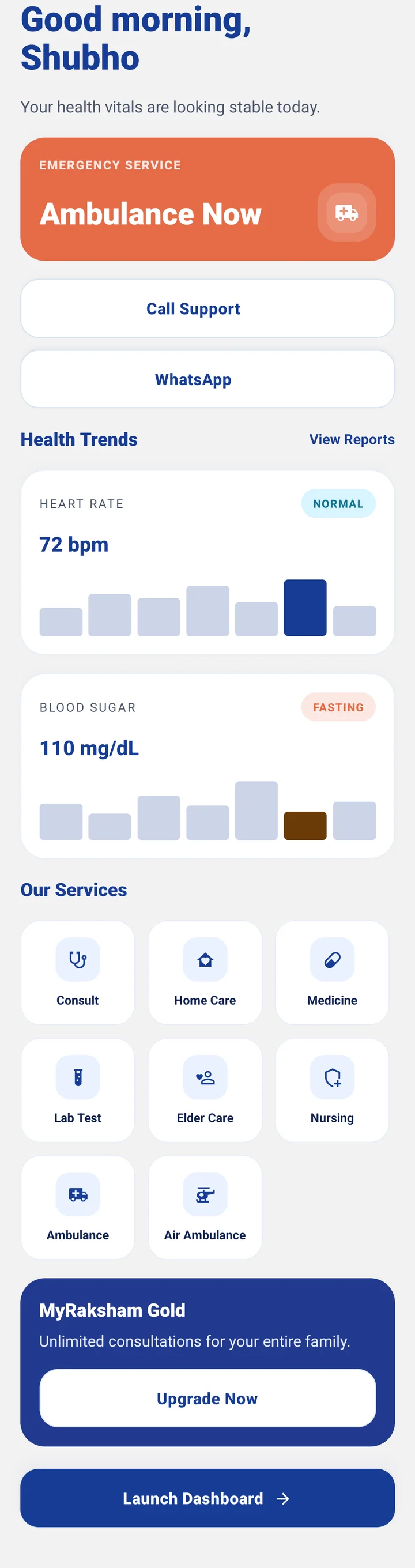 MyRaksham app dashboard bringing healthcare support into one place