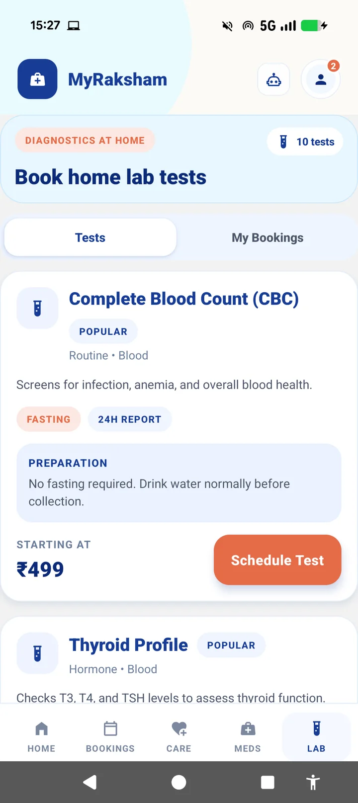 MyRaksham diagnostics screen for home lab test support